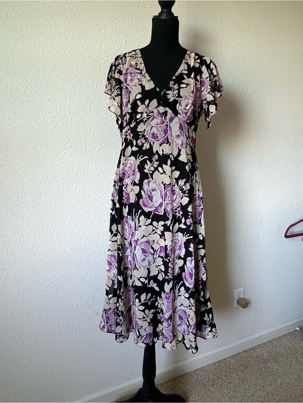 Ralph Lauren Black Midi Dress with Lavender and Cream Floral Pattern